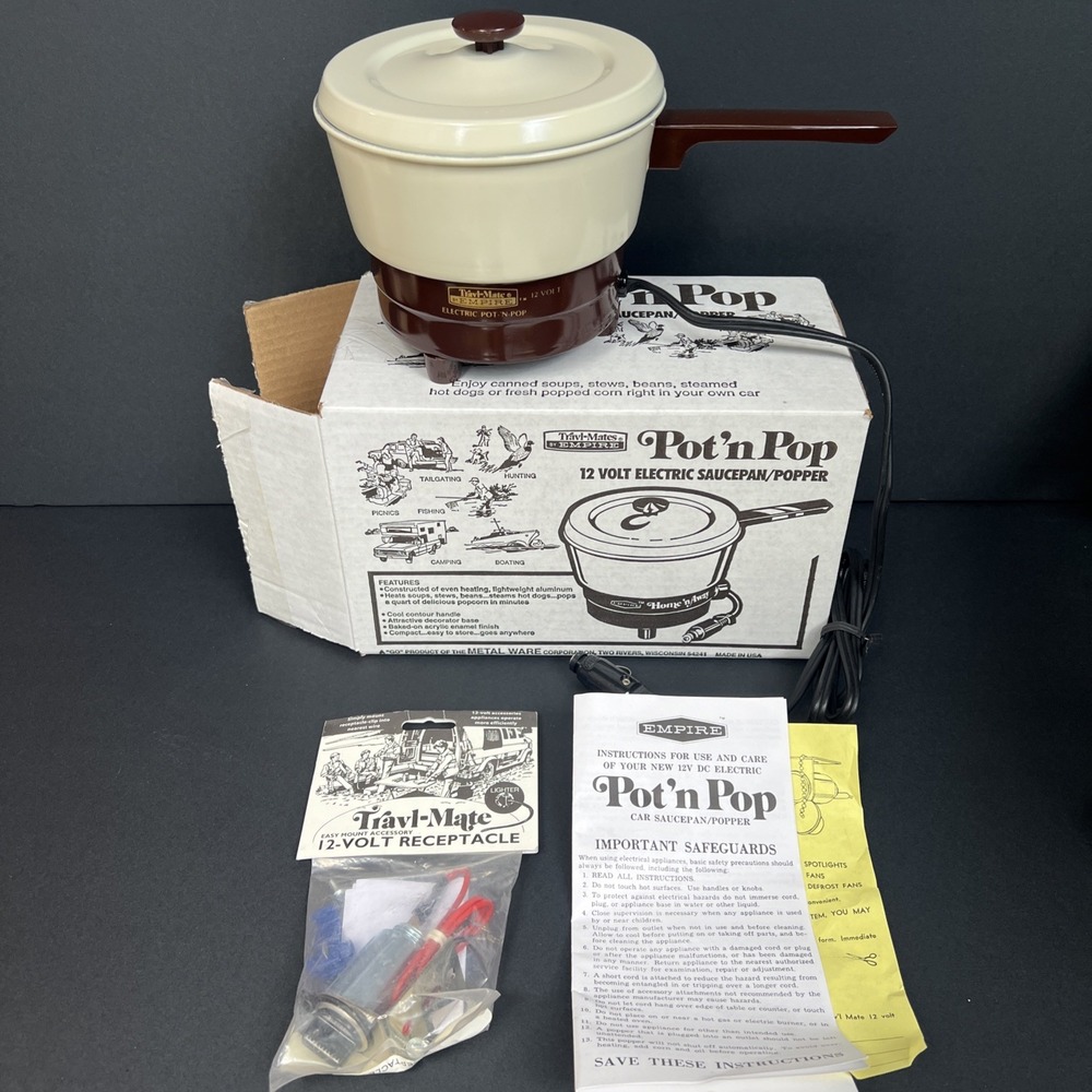 VTG Empire Travl Mate Pot 'n Pop 12V Saucepan NOS Complete Box +Receptacle